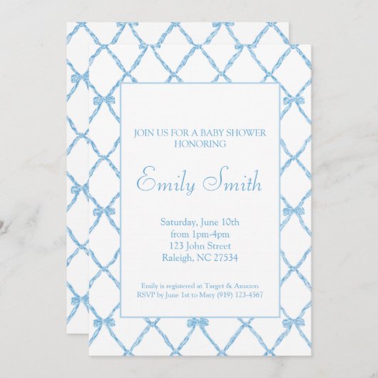 Blue Bow Trellis Baby Jongen Douche Uitnodiging (Voorkant / Achterkant)