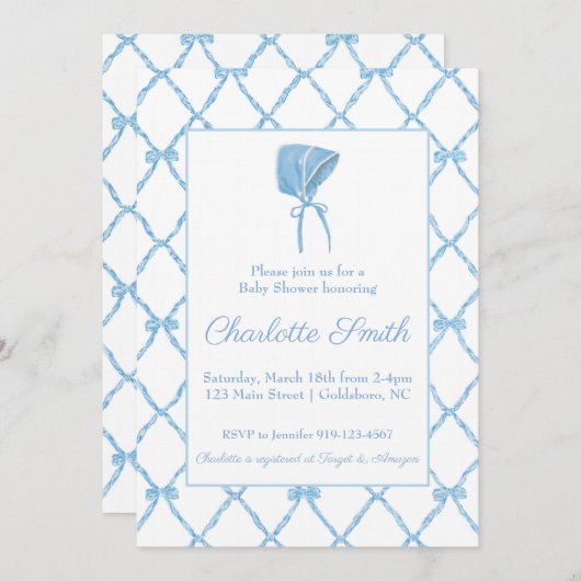 Blue Bow Trellis Baby shower Invitation Kaart (Voorkant / Achterkant)