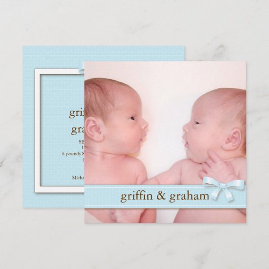 Blue Bow Twin Boys Baby Foto geboorteaankondiging Aankondiging (Voorkant / Achterkant)