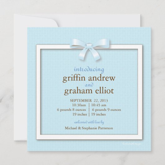 Blue Bow Twin Boys Baby Foto geboorteaankondiging Aankondiging (Achterkant)