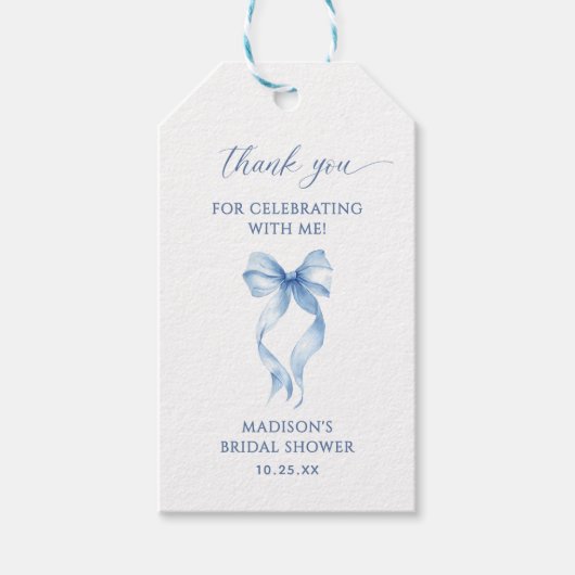 Blue Bow Tying The Knot Vrijgezellenfeest Dank u Cadeaulabel (Voorkant)