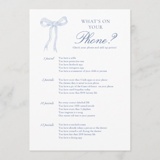Blue Bow Wat Is Er Op Je Telefoon Bruiloft Feest S Advieskaart (Voorkant)