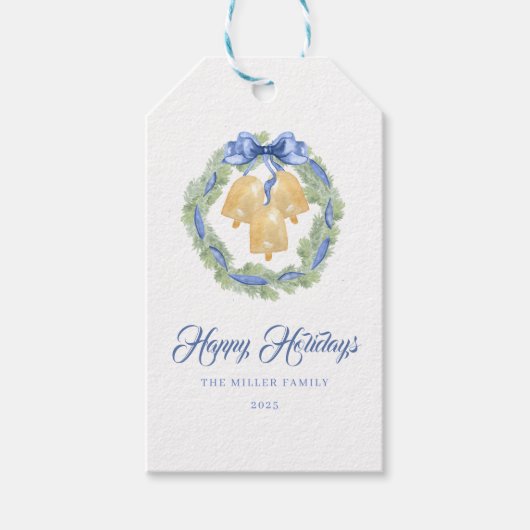 Blue Bow Watercolor Wreath Grandmillenial Cadeaulabel (Voorkant)