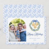 Blue Bow Watercolor Wreath Grandmillenial Feestdagenkaart (Voorkant / Achterkant)