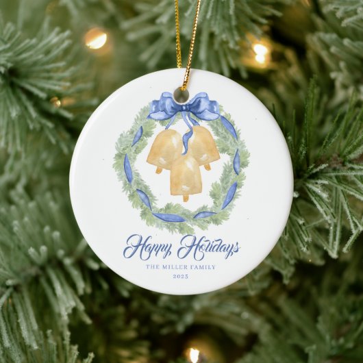 Blue Bow Watercolor Wreath Grandmillenial Keramisch Ornament (Boom)