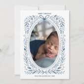 Blue Bow Waterverf Botanische Ovaal Foto Kerst Feestdagenkaart (Voorkant)
