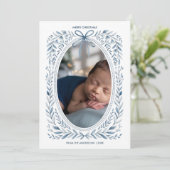 Blue Bow Waterverf Botanische Ovaal Foto Kerst Feestdagenkaart (Staand voorkant)