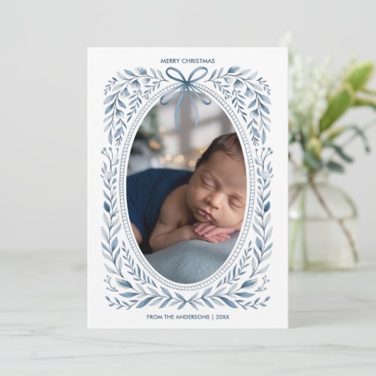 Blue Bow Waterverf Botanische Ovaal Foto Kerst Feestdagenkaart (Staand voorkant)