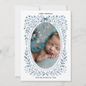 Blue Bow Waterverf Floral Ovaal Foto Kerst Feestdagenkaart (Voorkant)