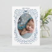 Blue Bow Waterverf Floral Ovaal Foto Kerst Feestdagenkaart (Staand voorkant)