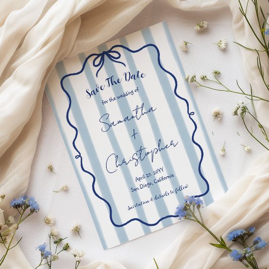 Blue Bow Wavy Lijst Whimsical Wedding Save The Date