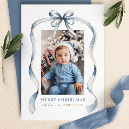 Blue Bow Wavy Ribbon Lijst Vrolijke Kerstfoto Feestdagenkaart