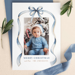 Blue Bow Wavy Ribbon Lijst Vrolijke Kerstfoto Feestdagenkaart