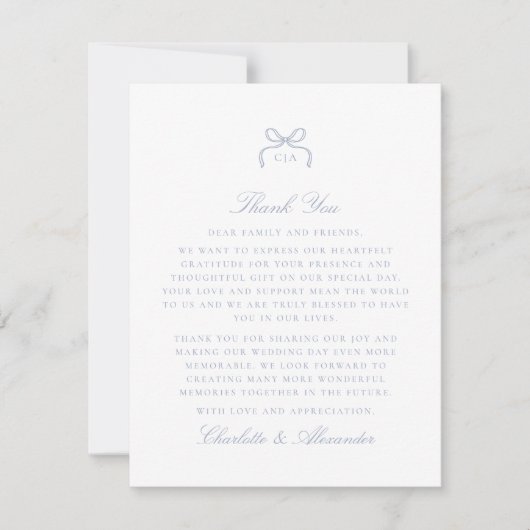 Blue Bow Wedding Thank You Card Kaart (Voorkant)