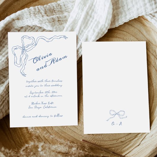 Blue Bow Whimsical Handschrift Elegante bruiloft Kaart