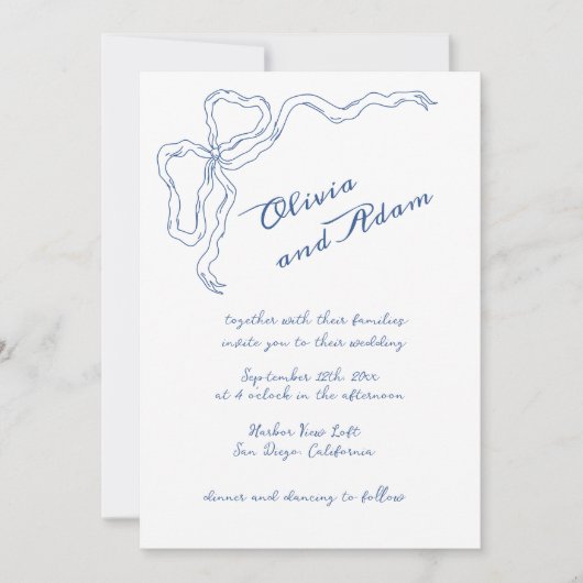 Blue Bow Whimsical Handschrift Elegante bruiloft Kaart (Voorkant)