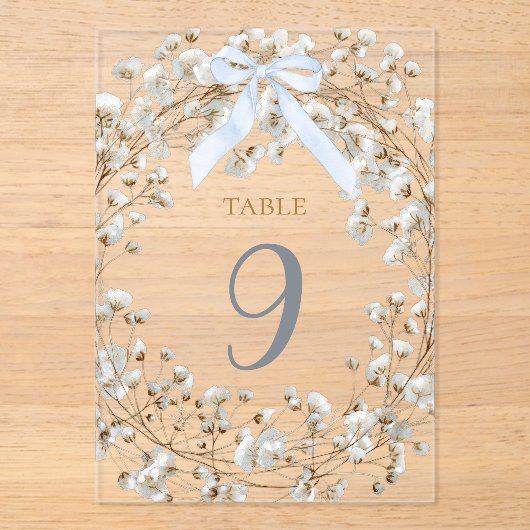  blue bow white baby's breath flowers table number acryl uitnodigingen (Voorkant)