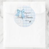Blue Bow, White Lace en Blue Gingham Baby shower- Ronde Sticker (Tas)