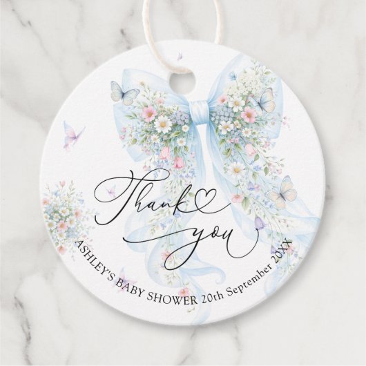 Blue Bow Wildflower Baby Shower Thank You Bedankjes Labels (Voorkant)