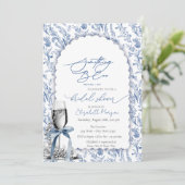 Blue Bow Wildflowers Parels en Prosecco Kaart (Staand voorkant)