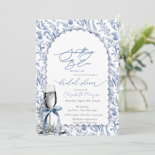 Blue Bow Wildflowers Parels en Prosecco Kaart (Staand voorkant)