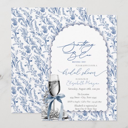 Blue Bow Wildflowers Parels en Prosecco Kaart (Voorkant / Achterkant)