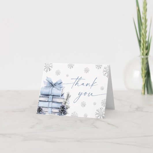 Blue Bow Winter Baby Shower, A New Chapter Begins Bedankkaart (Voorkant)