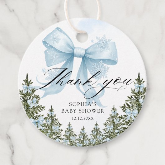 Blue Bow Winter Baby shower Bedankt Bedankjes Labels (Voorkant)