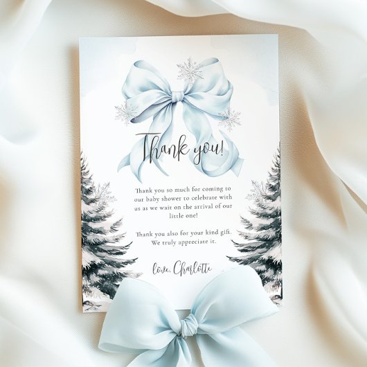 Blue Bow Winter Baby Shower Flat Thank You Card Bedankkaart