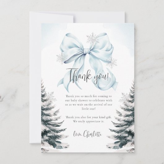 Blue Bow Winter Baby Shower Flat Thank You Card Bedankkaart (Voorkant)