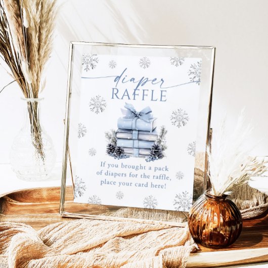 Blue Bow Winter Books Baby Shower Diaper Raffle  Poster