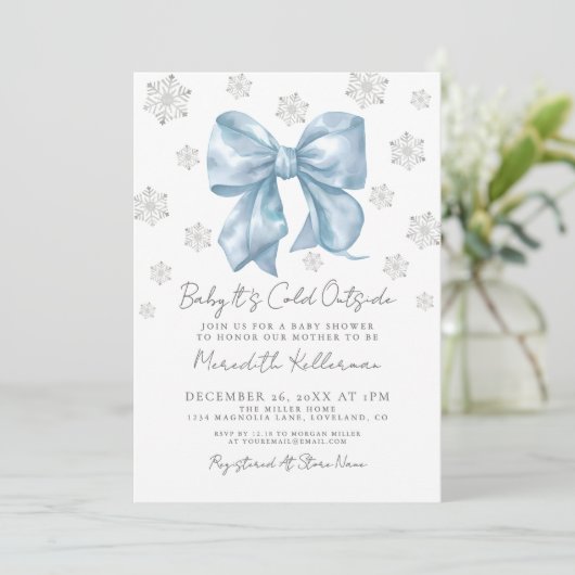 Blue Bow Winter Boy Baby shower Kaart (Staand voorkant)