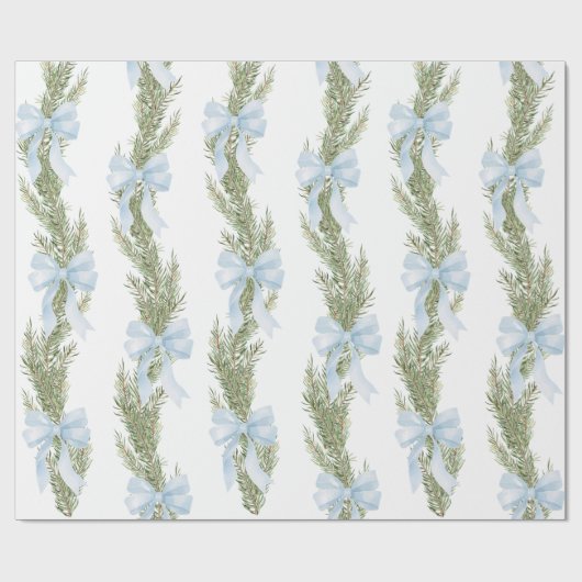Blue Bow Winter Green Wrapping Paper Cadeaupapier (Vlak)