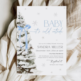 Blue Bow Winter Wonderland Boy Baby shower Kaart