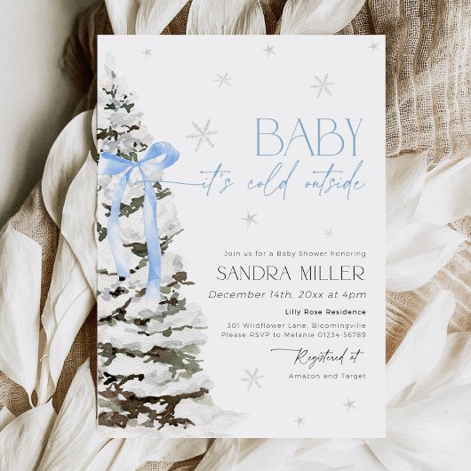 Blue Bow Winter Wonderland Boy Baby shower Kaart