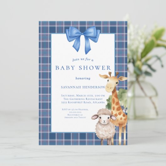 Blue Bow Woodland Animals Baby shower Kaart (Staand voorkant)