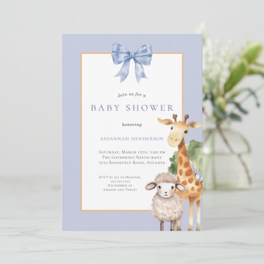 Blue Bow Woodland Animals Baby shower Kaart (Staand voorkant)