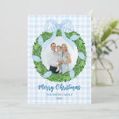 Blue Bow Wreath Christmas Photo Holiday Card Feestdagenkaart (Staand voorkant)