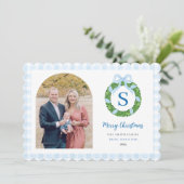 Blue Bow Wreath Christmas Photo Holiday Card Feestdagenkaart (Staand voorkant)
