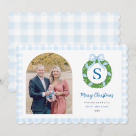 Blue Bow Wreath Christmas Photo Holiday Card Feestdagenkaart