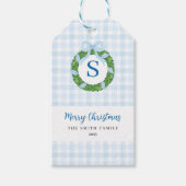 Blue Bow Wreath Gingham Christmas Cadeaulabel (Voorkant)
