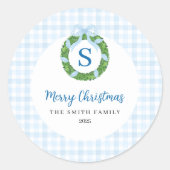 Blue Bow Wreath Gingham Christmas  Ronde Sticker (Voorkant)