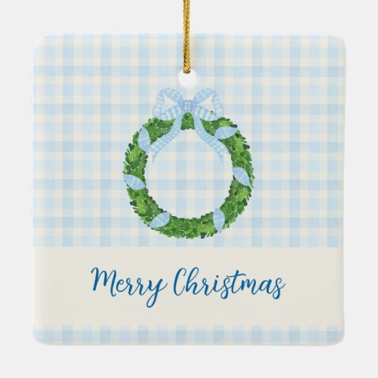 Blue Bow Wreath Gingham Photo Christmas Keramisch Ornament (Achterkant)
