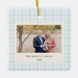 Blue Bow Wreath Gingham Photo Christmas Keramisch Ornament