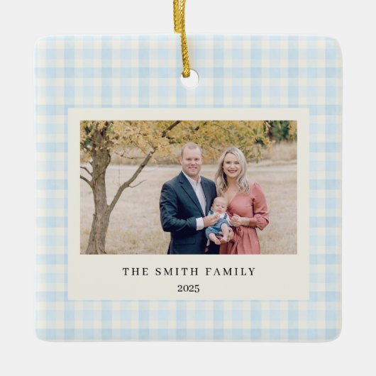 Blue Bow Wreath Gingham Photo Christmas Keramisch Ornament (Voorkant)