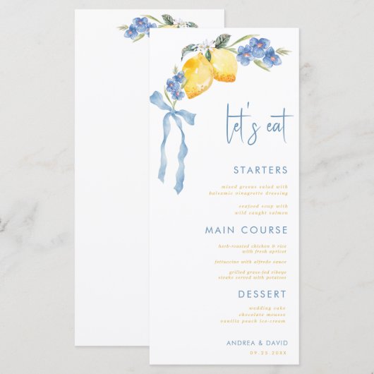 Blue Bow Yellow Lemon Italian Let's Eat Wedding Menu (Voorkant / Achterkant)