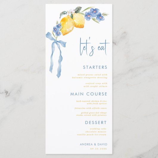 Blue Bow Yellow Lemon Italian Let's Eat Wedding Menu (Voorkant)
