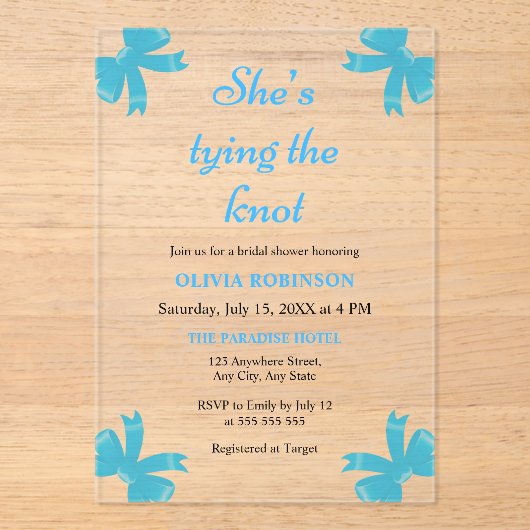 Blue Bow Ze is de knoop Vrijgezellenfeest Acryl Uitnodigingen (Voorkant)