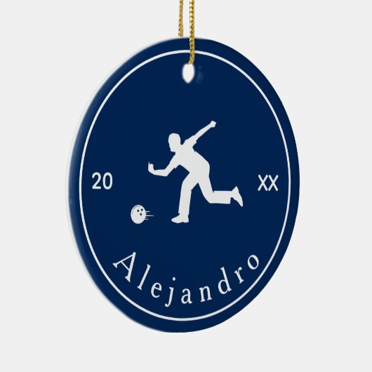 Blue Bowler Silhouette Player Coach Name & Year Keramisch Ornament (Rechts)