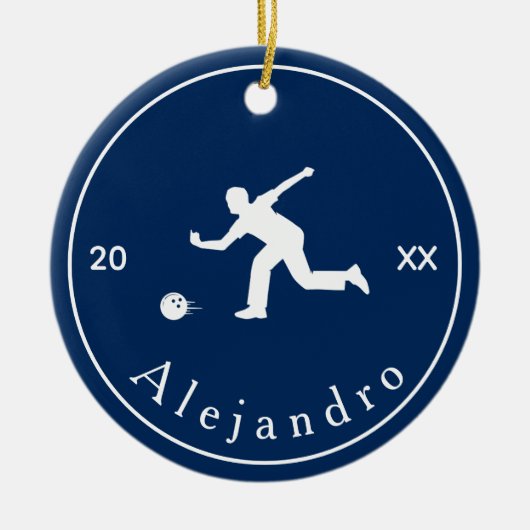 Blue Bowler Silhouette Player Coach Name & Year Keramisch Ornament (Voorkant)